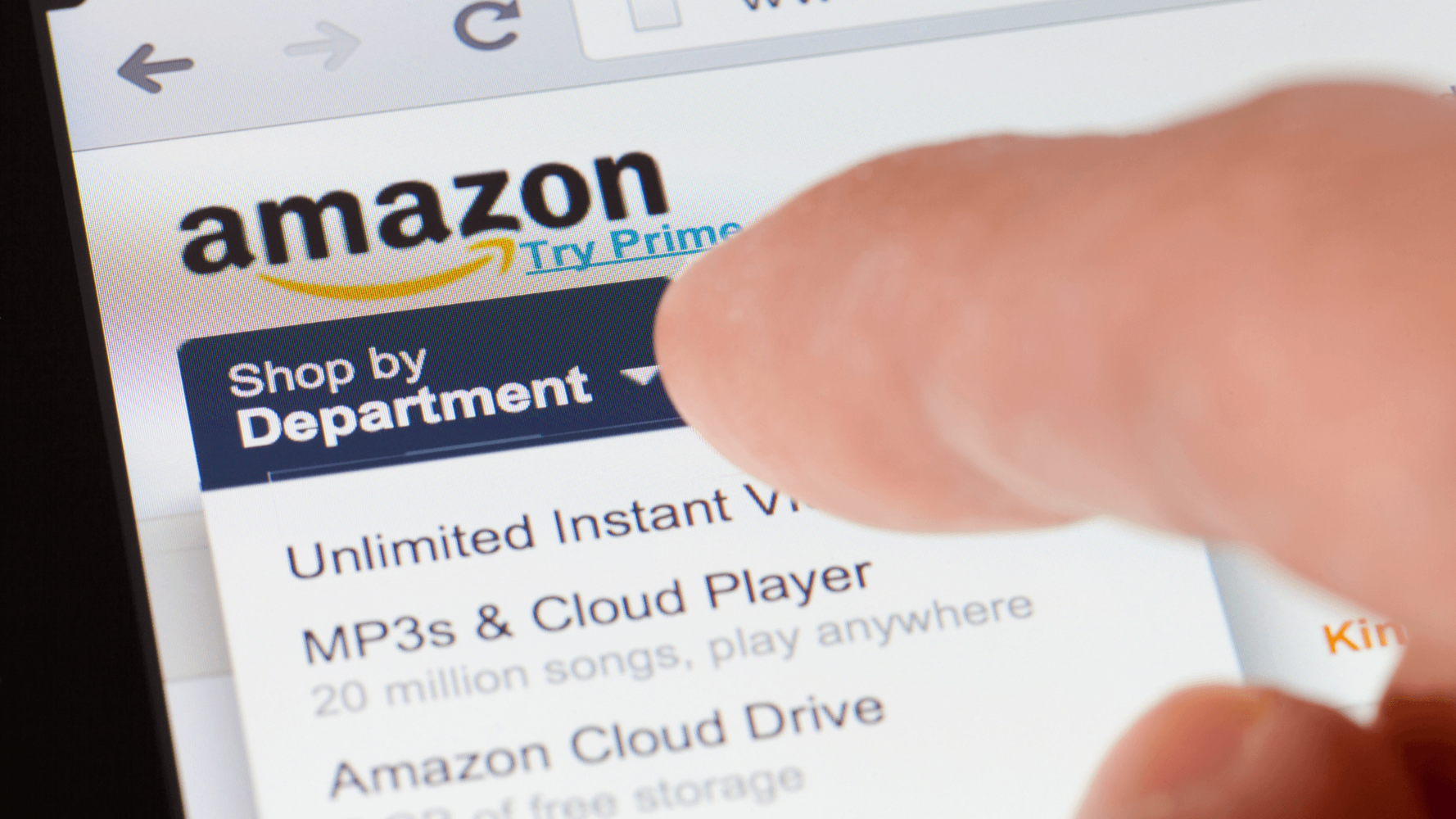 Finger pointing to Amazon store on mobile device image for blog about Professional Product Photography is Essential for your Amazon Store