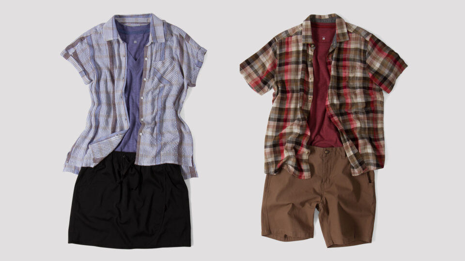 Flat lay image for social media with two sets of casual summer attire: shorts and shirts