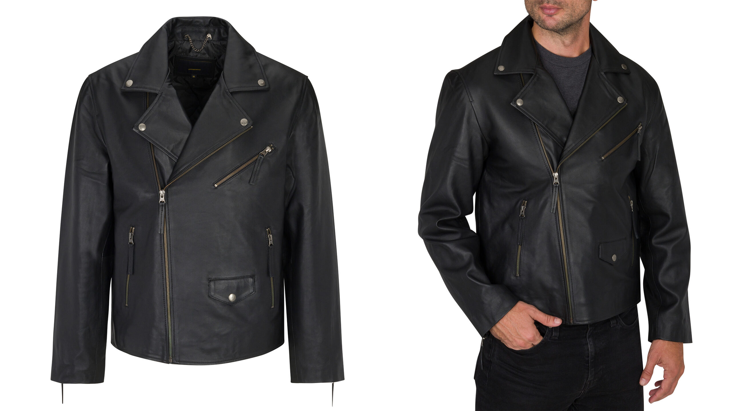 Ghost mannequin photography of black leather jacket vs. live model photography of the same black leather jacket.