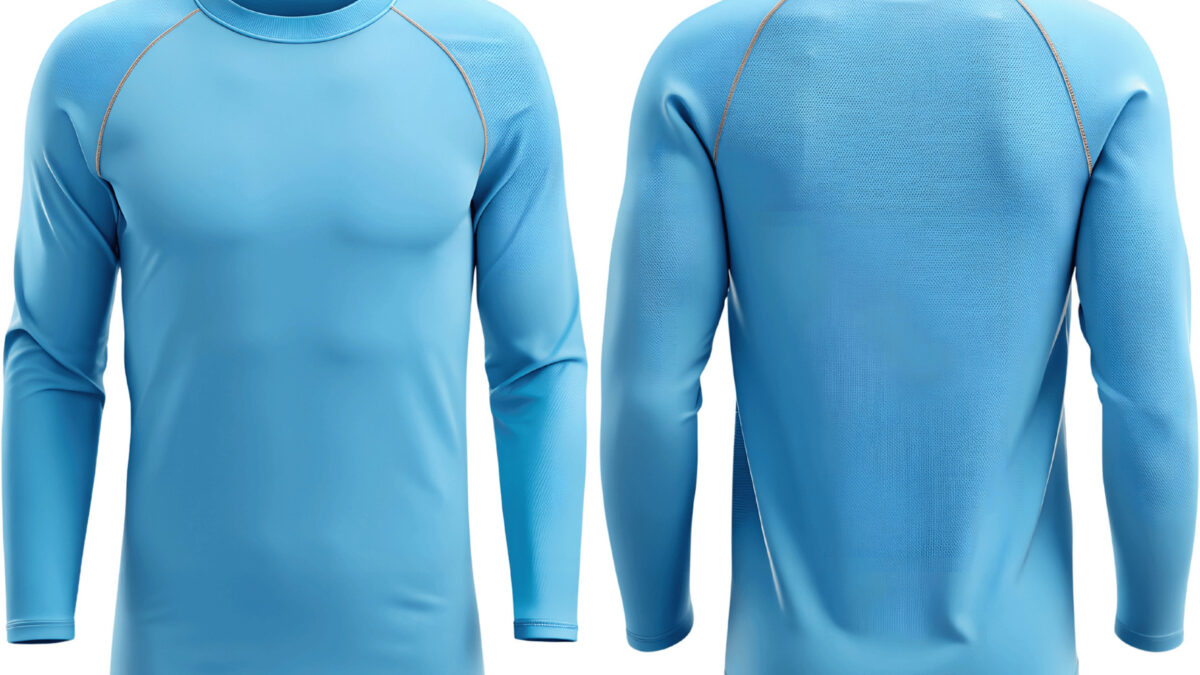 front and back of a blue long-sleeved shirt.