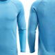 front and back of a blue long-sleeved shirt.