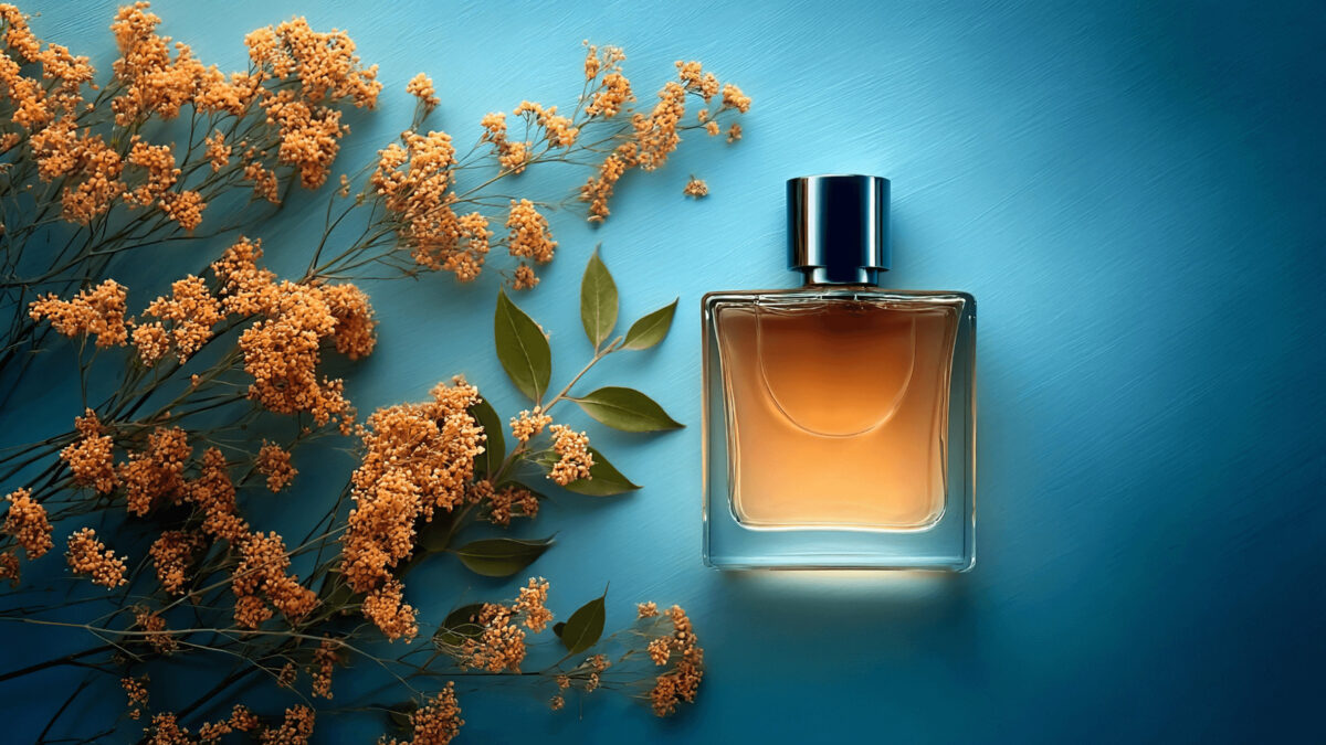 A clear glass perfume bottle with amber liquid and a dark cap sits on a blue surface next to a branch of small orange flowers and green leaves.