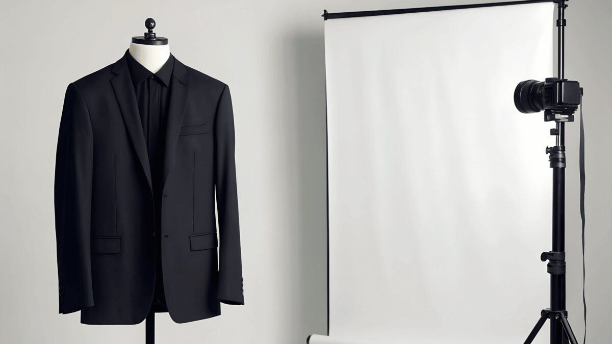 A black suit jacket and shirt are displayed on a mannequin, with a white backdrop and a camera on a stand in the background.
