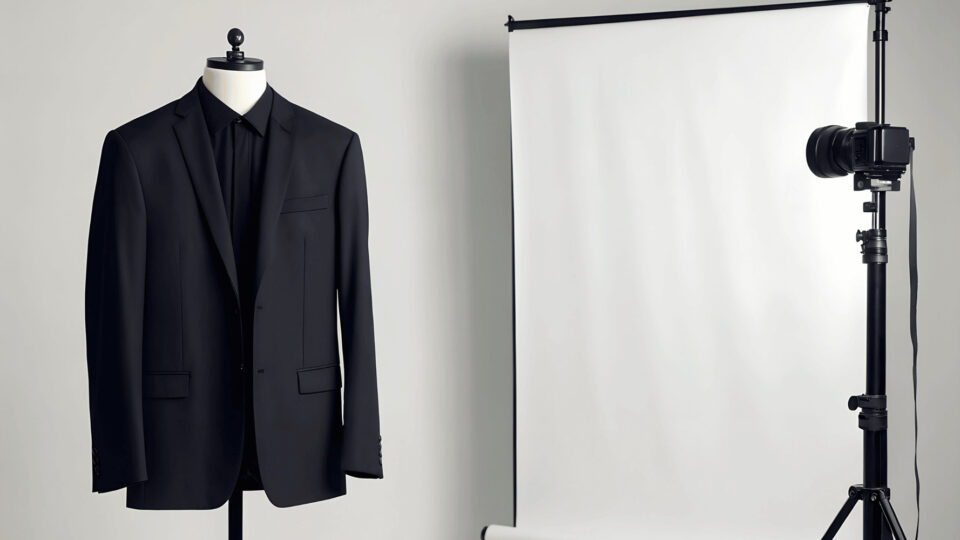 A black suit jacket and shirt are displayed on a mannequin, with a white backdrop and a camera on a stand in the background.